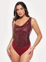 Sequin Cowl Neck Chain Detail Sculpting Bodysuit