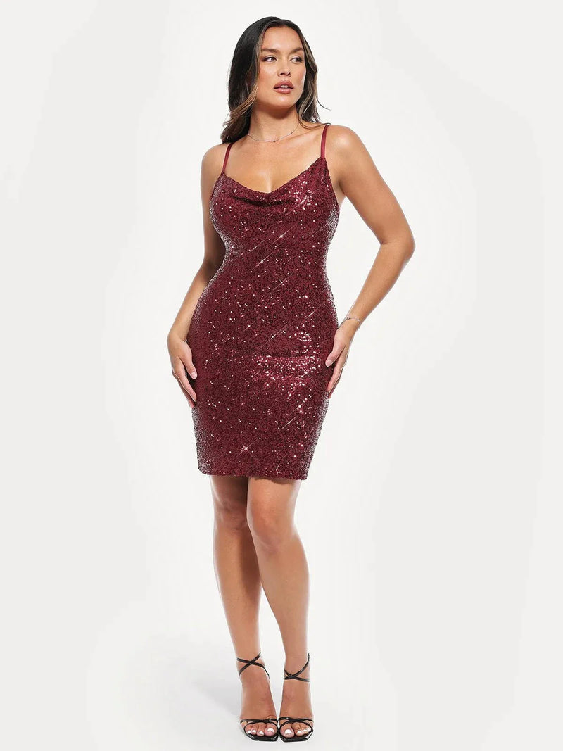 Sequin Cowl Neck Sculpting Mini Dress