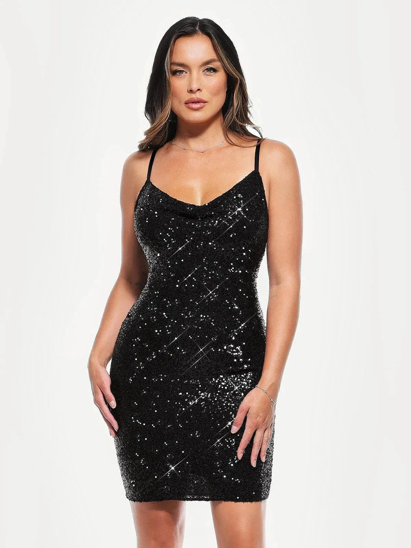 Sequin Cowl Neck Sculpting Mini Dress
