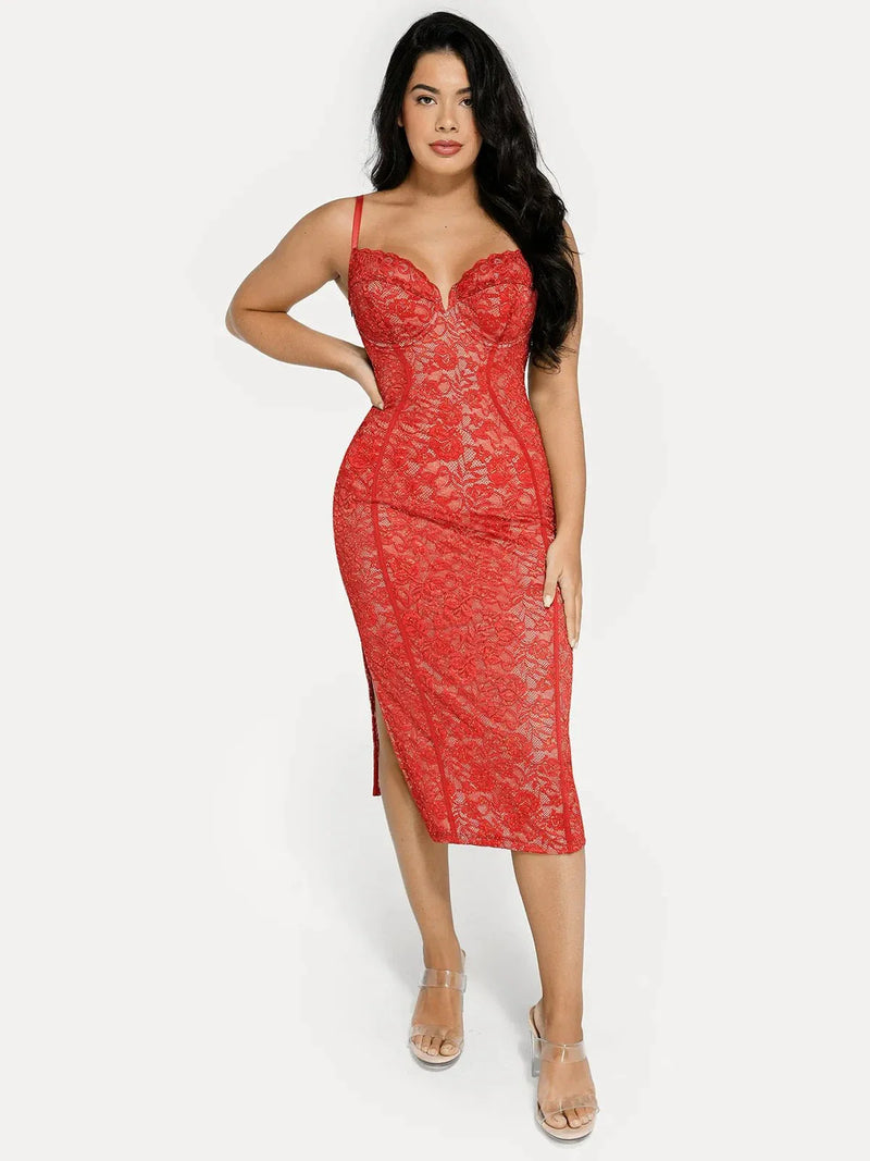 Shapewear All-Lace Hourglass Corset Side Slit Midi Dress
