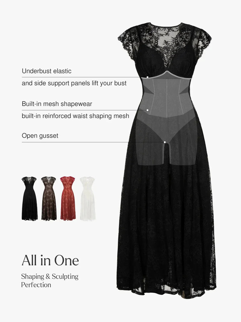 Shapewear Boho Floral Lace Front Slit Maxi Dress