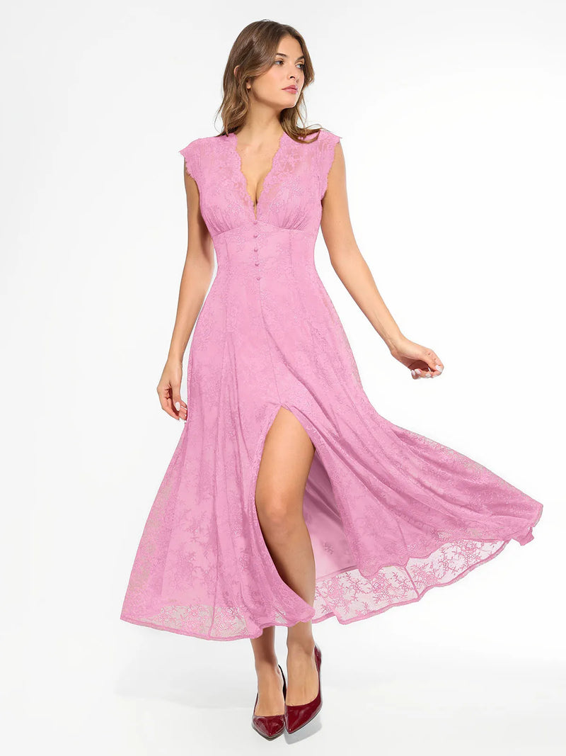 Shapewear Boho Floral Lace Front Slit Maxi Dress