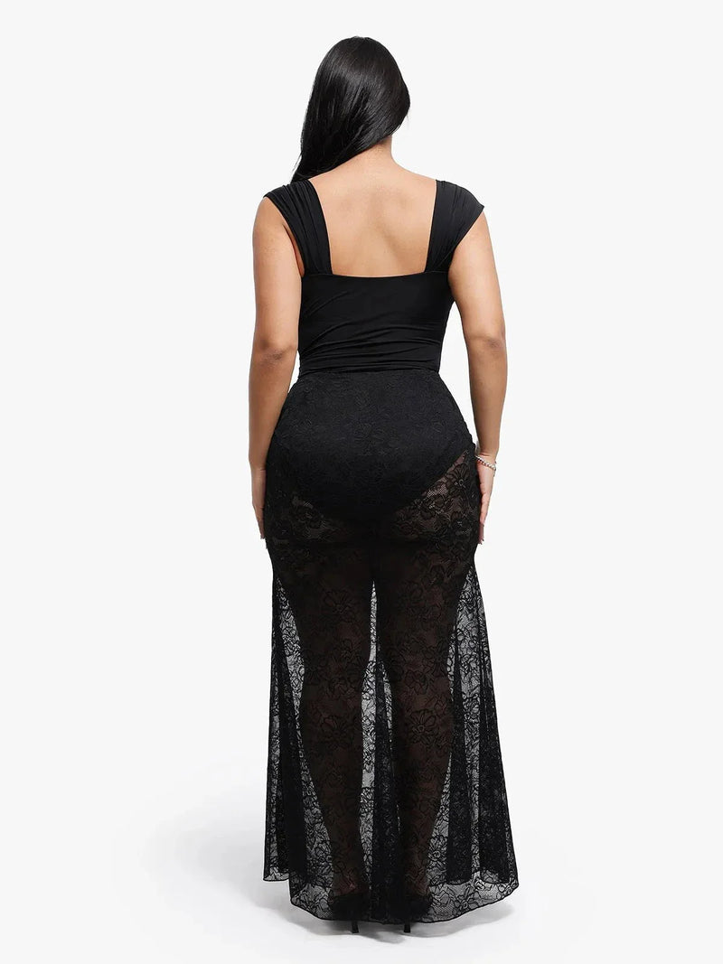 Shapewear Cap Sleeve Bodysuit Lace Fishtail Coverup Skirt Set