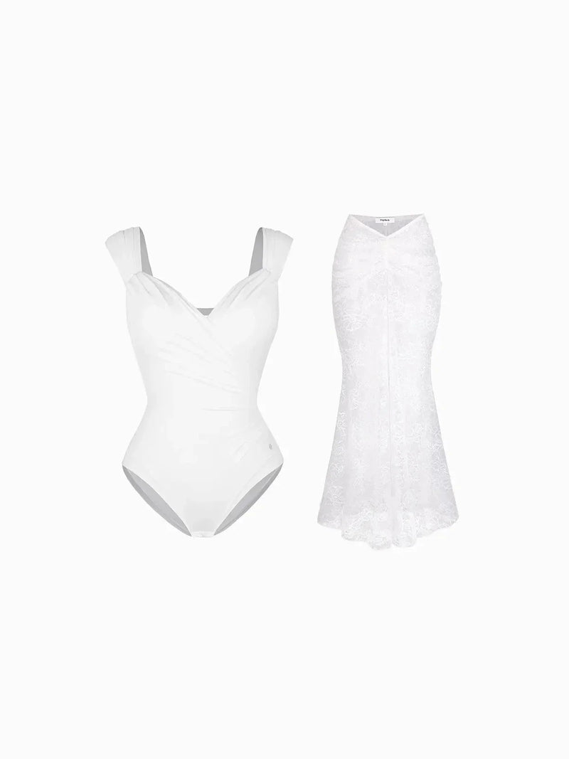 Shapewear Cap Sleeve Bodysuit Lace Fishtail Coverup Skirt Set