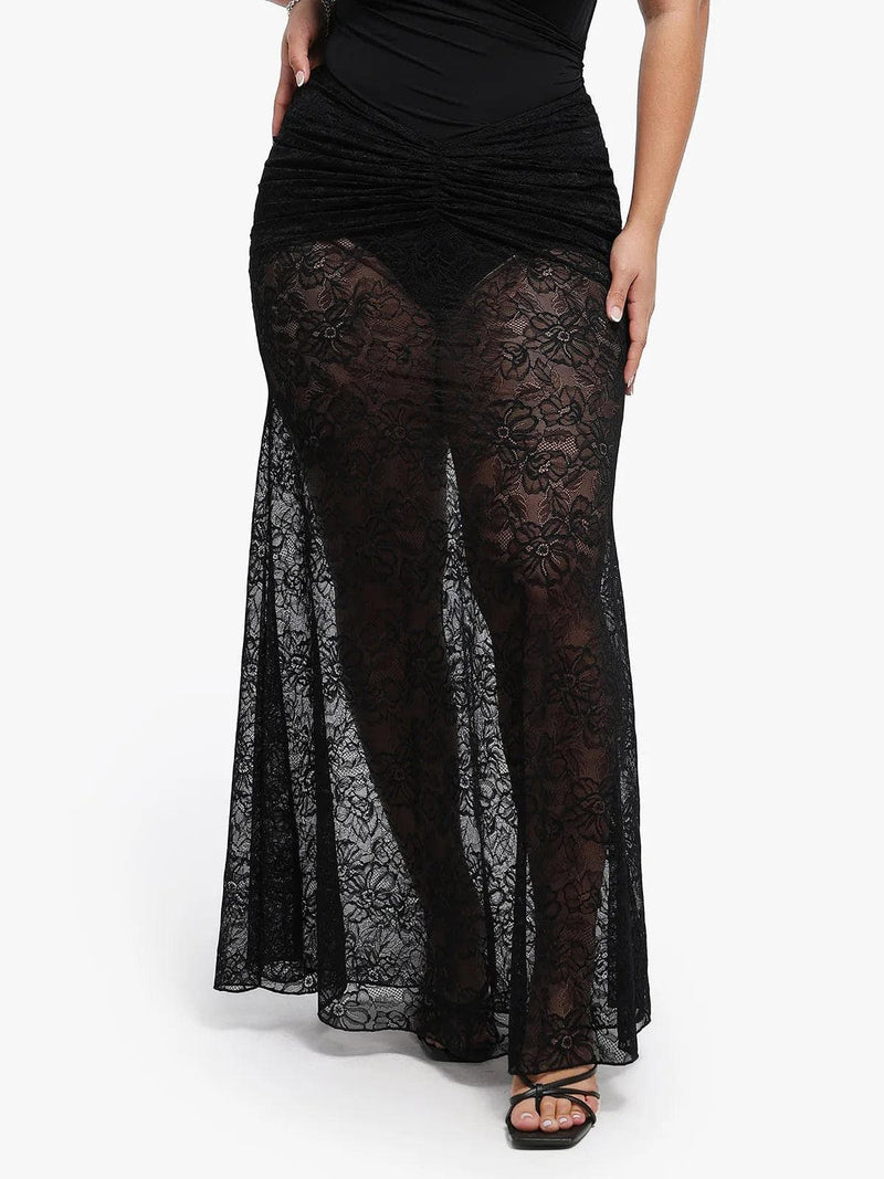 Shapewear Cap Sleeve Bodysuit Lace Fishtail Coverup Skirt Set