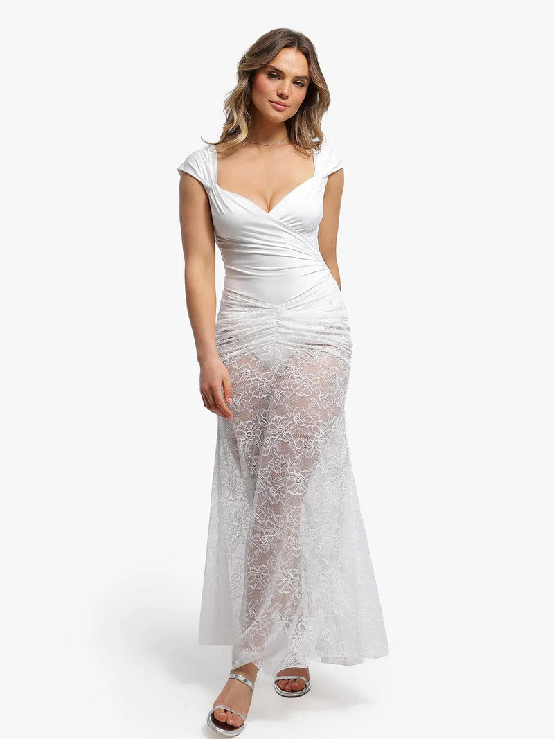 Shapewear Cap Sleeve Bodysuit Lace Fishtail Coverup Skirt Set