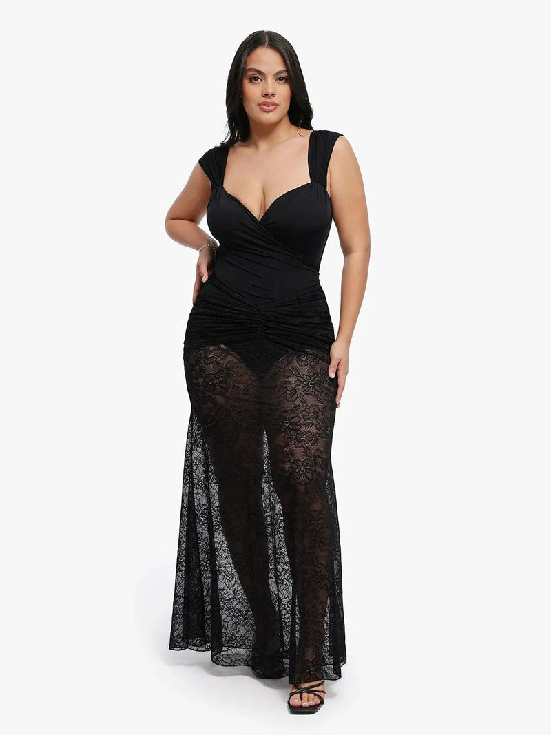 Shapewear Cap Sleeve Bodysuit Lace Fishtail Coverup Skirt Set