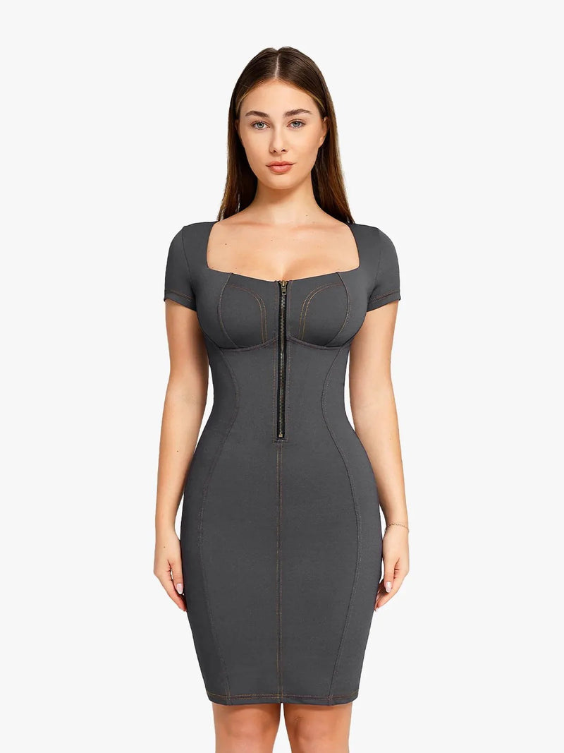 Shapewear Denim Square Neck Tummy Control Midi Dress