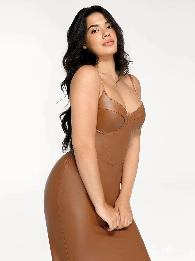 Shapewear Faux Leather Hourglass Corset Midi Dress