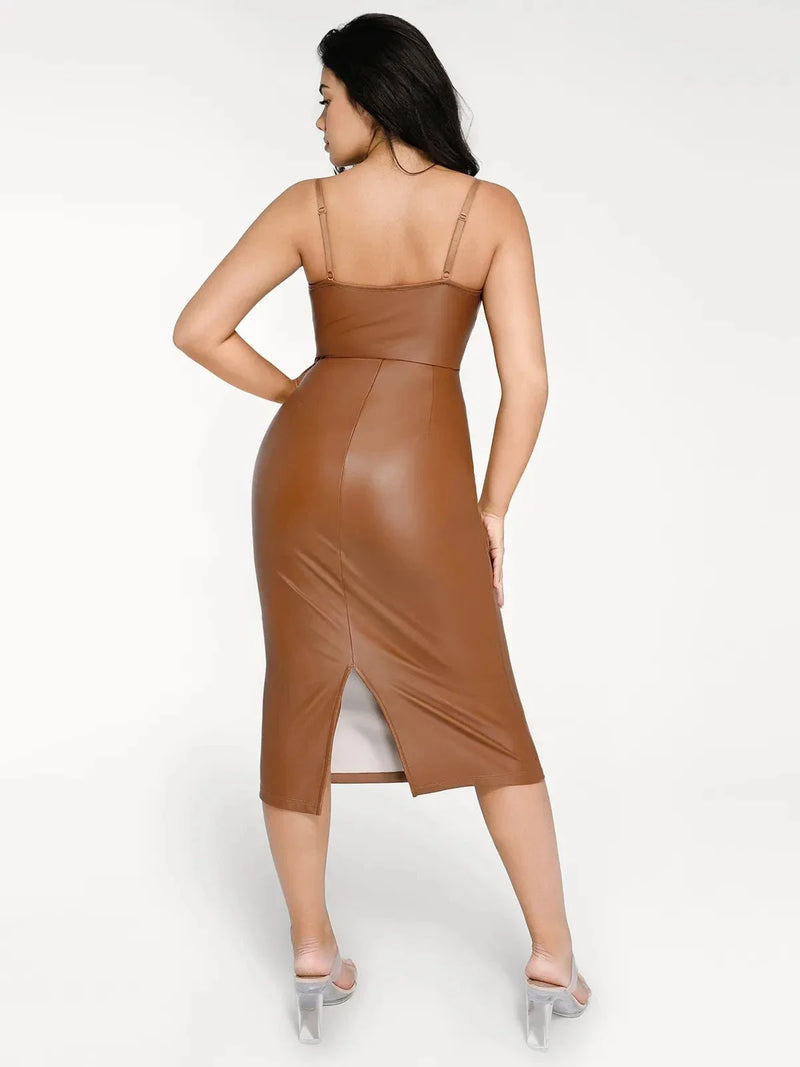 Shapewear Faux Leather Hourglass Corset Midi Dress