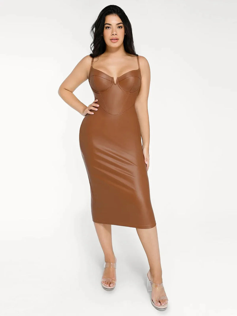 Shapewear Faux Leather Hourglass Corset Midi Dress