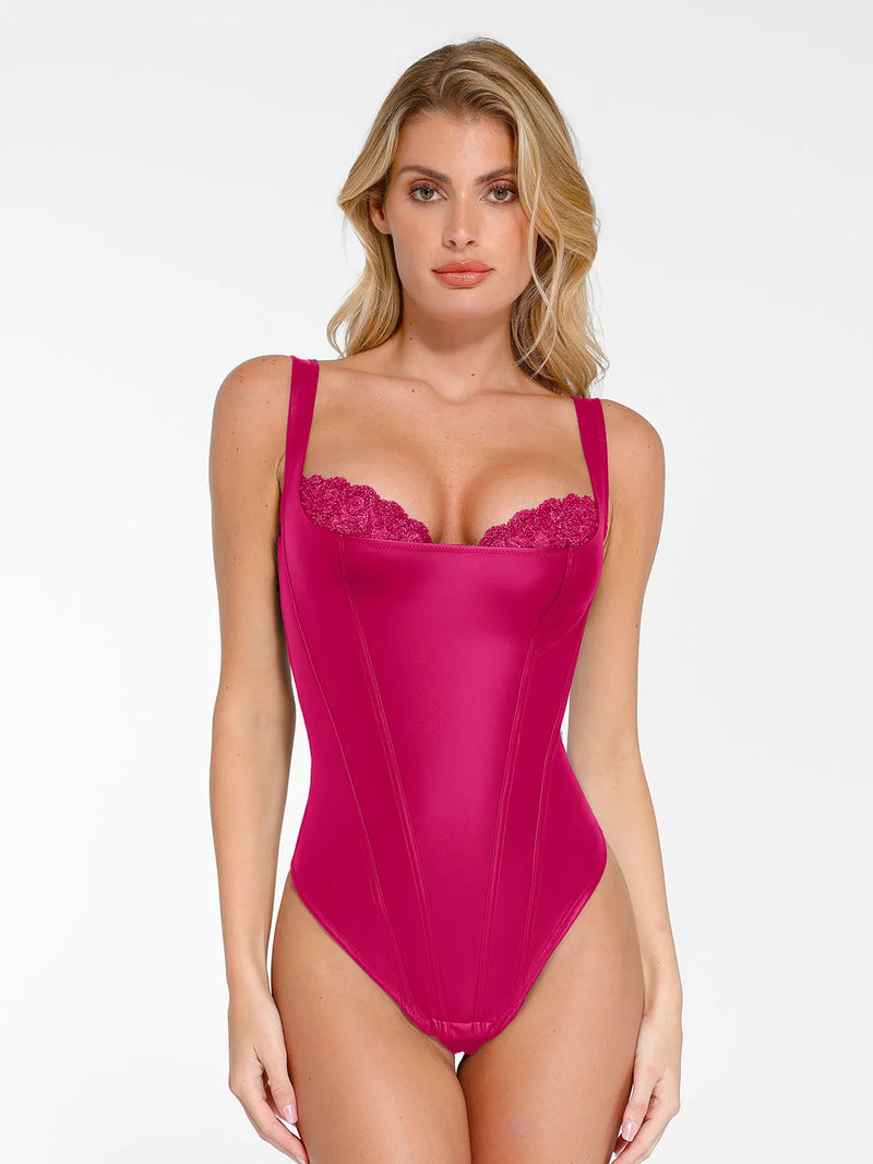 Shapewear Faux Leather Lace Balconette Sculpting Bodysuit