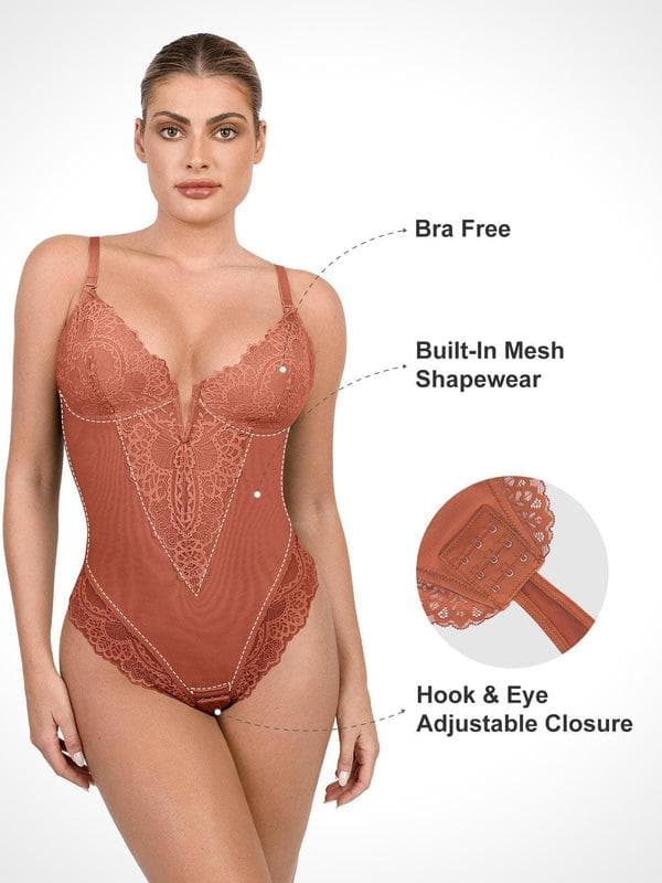 Shapewear Lace Deep V-Neck Sculpting Thong Bodysuit
