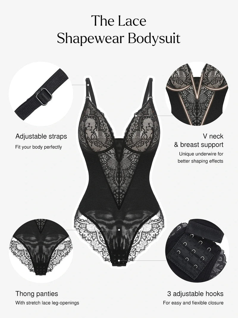 Shapewear Lace Deep V-Neck Sculpting Thong Bodysuit