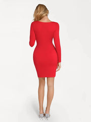 Shapewear Lace Trim V-Neck Long Sleeve Bodycon Mini Dress