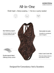 Shapewear Leopard Cowl Neck Halter Tummy Control Bodysuit