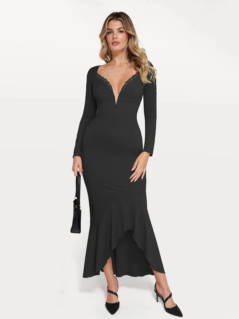 Shapewear Long Sleeve Lace Trim Sculpting Mermaid Maxi Dress