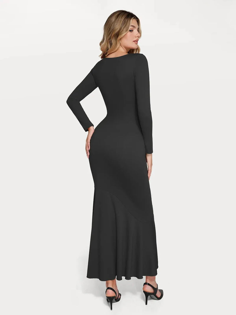 Shapewear Long Sleeve Lace Trim Sculpting Mermaid Maxi Dress