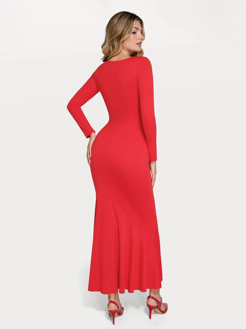 Shapewear Long Sleeve Lace Trim Sculpting Mermaid Maxi Dress