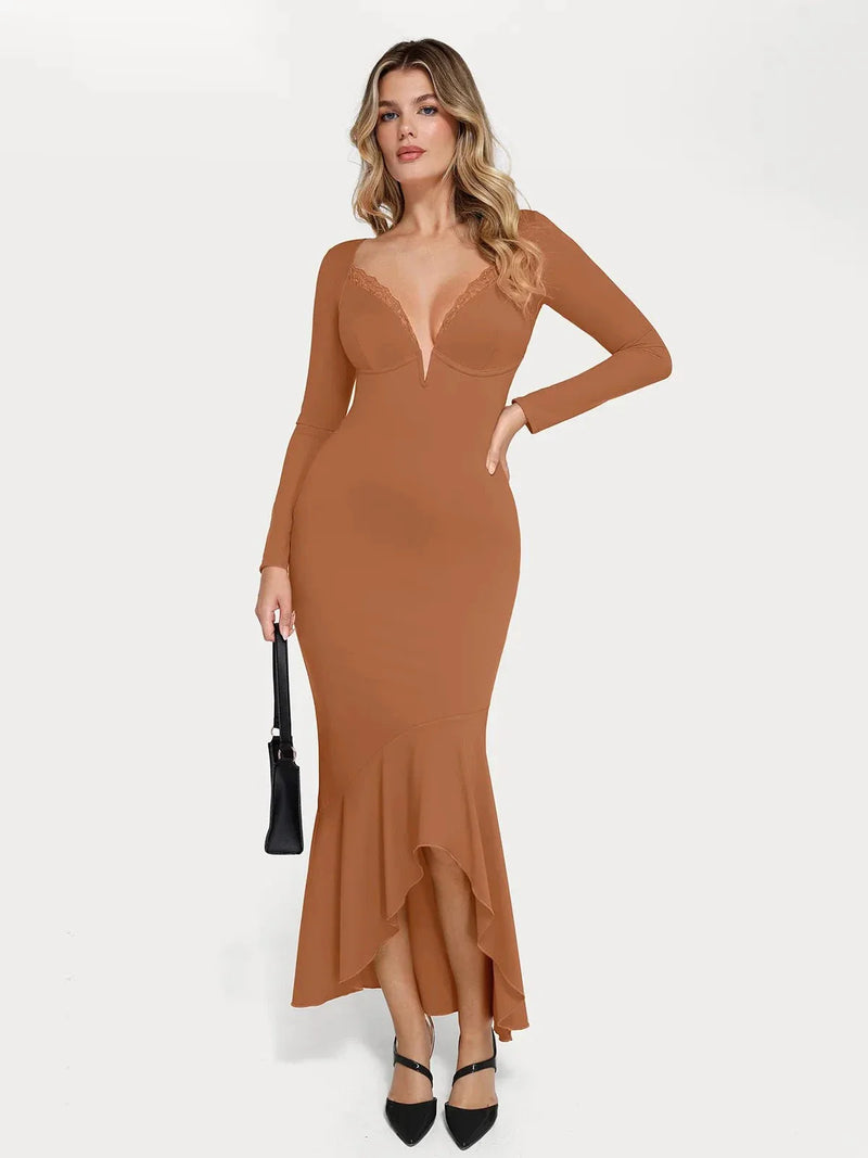 Shapewear Long Sleeve Lace Trim Sculpting Mermaid Maxi Dress
