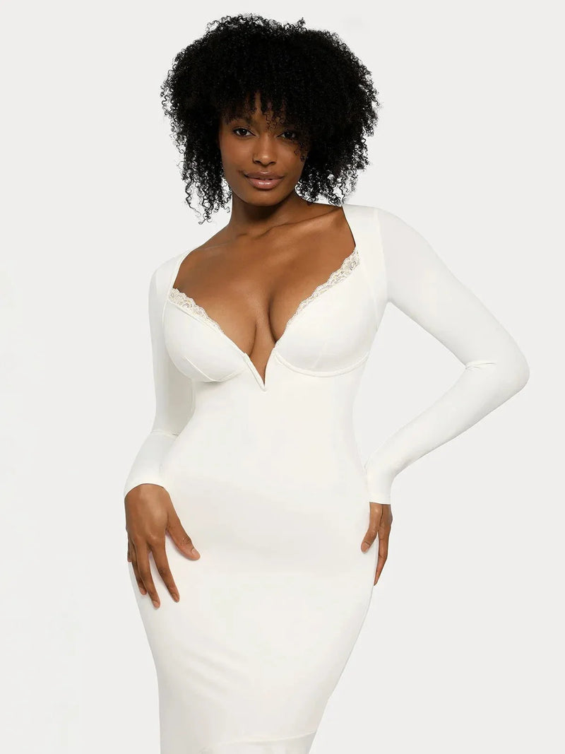 Shapewear Long Sleeve Lace Trim Sculpting Mermaid Maxi Dress