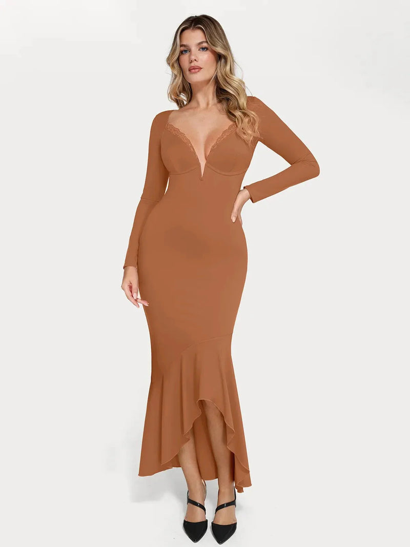 Shapewear Long Sleeve Lace Trim Sculpting Mermaid Maxi Dress