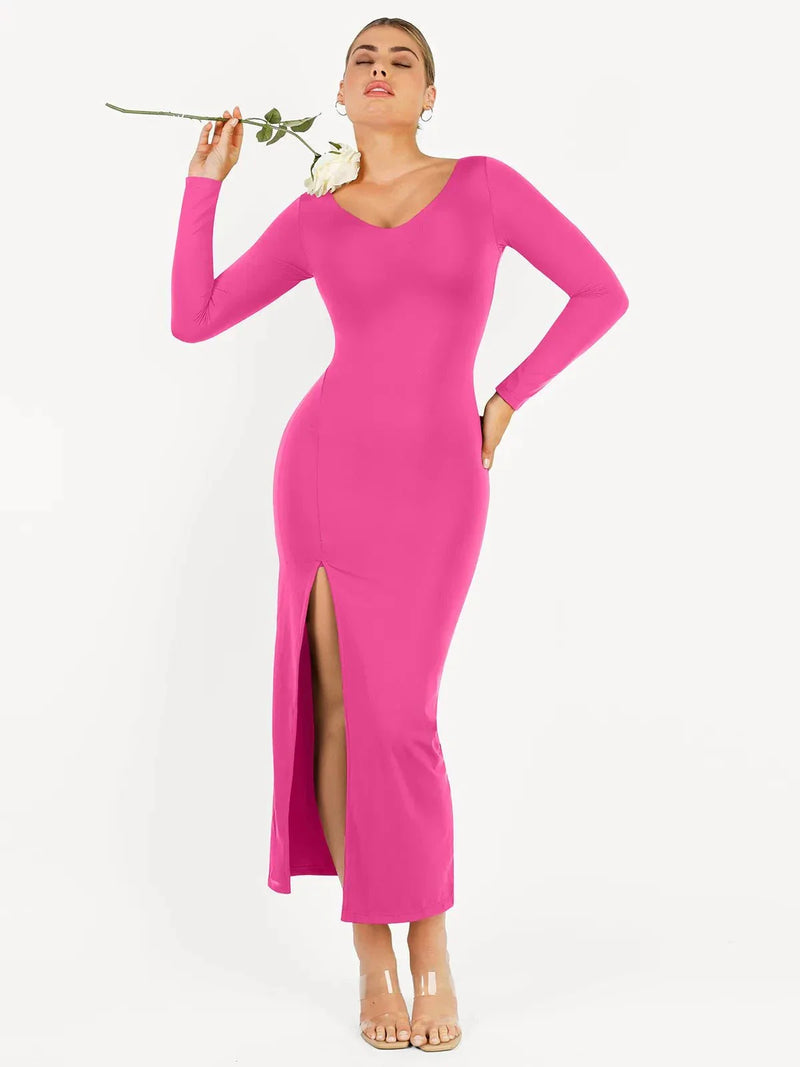Shapewear Long Sleeve V-Neck Low Back Slimming Maxi Dress