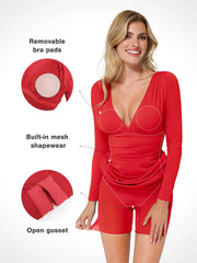 Shapewear Long Sleeve V-Neck Ruched Bodycon Midi Dress