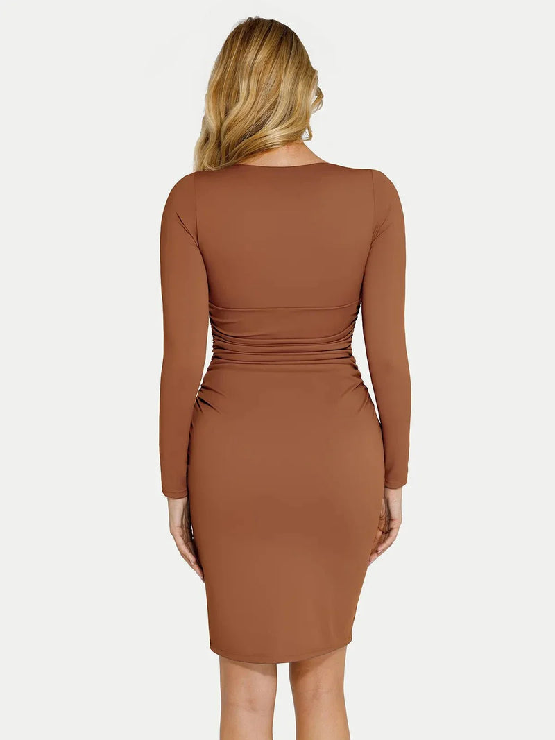 Shapewear Long Sleeve V-Neck Ruched Bodycon Midi Dress