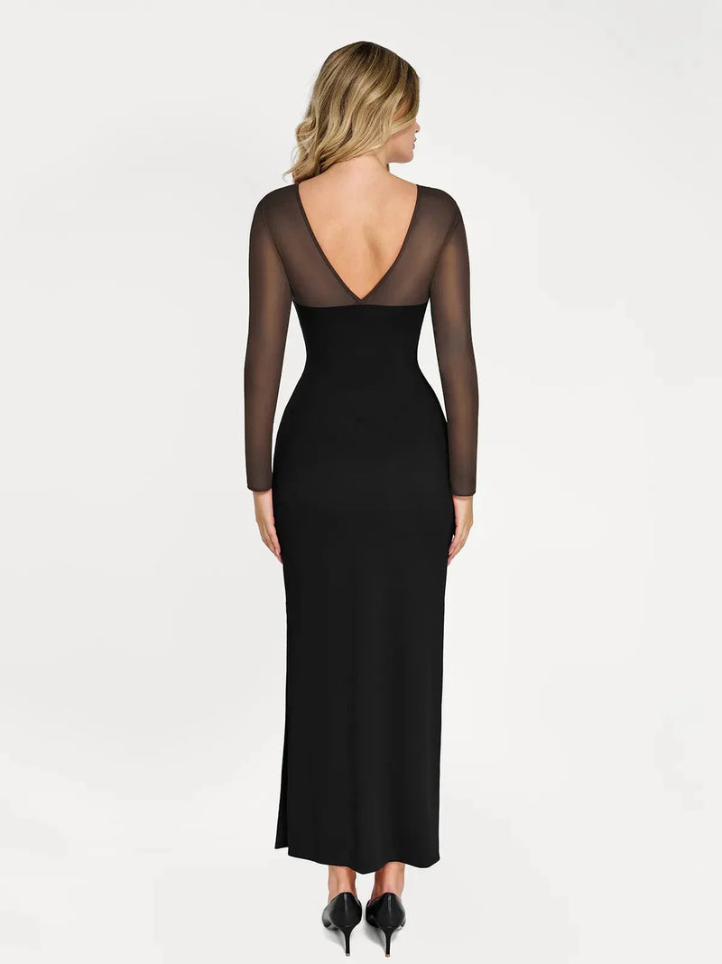 Shapewear Mesh Long Sleeve V-Back Slimming Maxi Dress