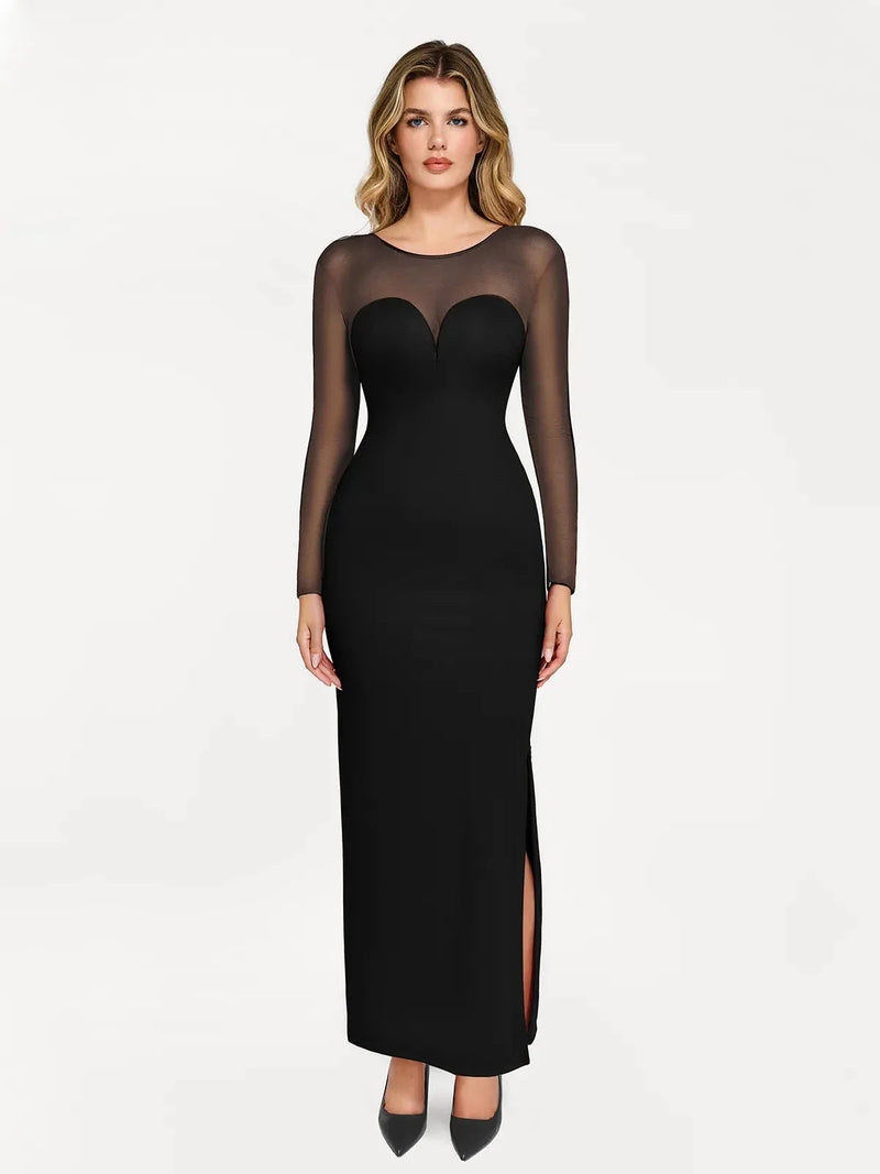 Shapewear Mesh Long Sleeve V-Back Slimming Maxi Dress