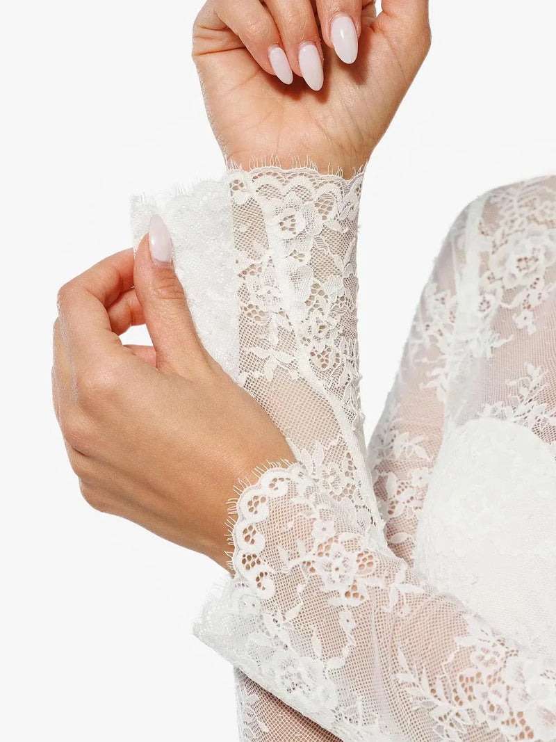 Shapewear Mock Neck Long Sleeve Floral Lace Bodysuit