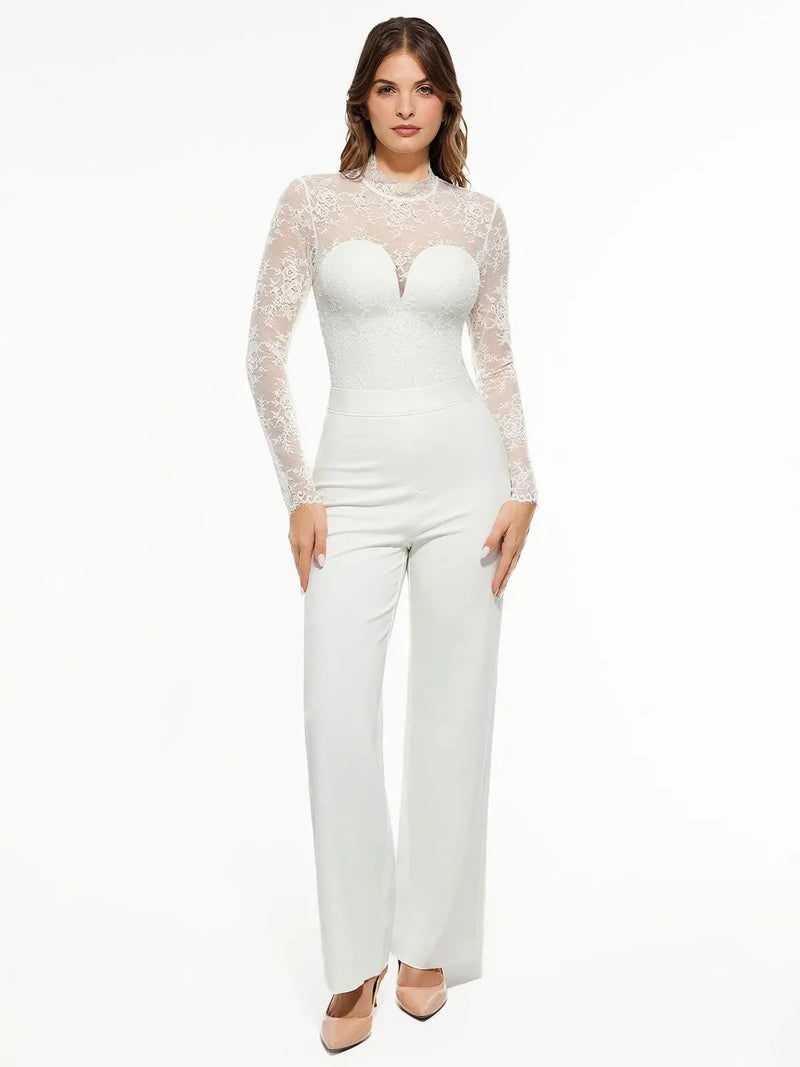 Shapewear Mock Neck Long Sleeve Floral Lace Bodysuit