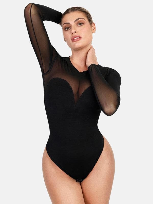 Shapewear Mock Neck Long Sleeve Floral Lace Bodysuit