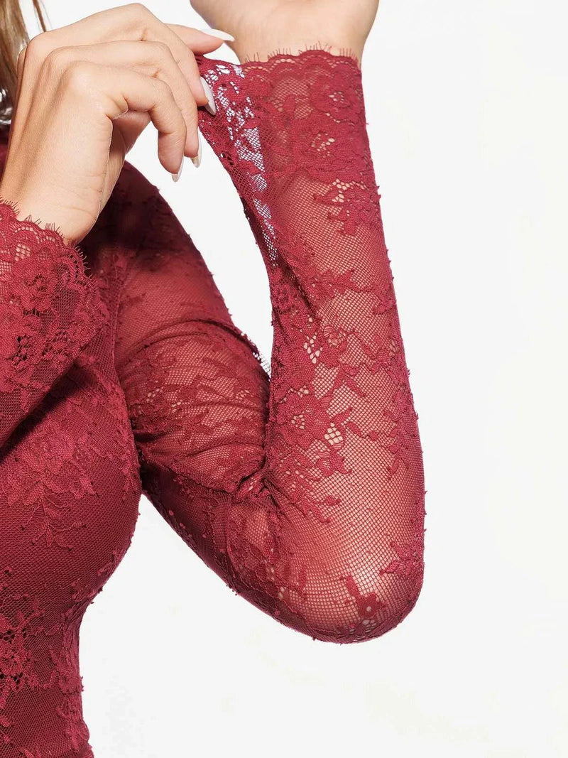 Shapewear Mock Neck Long Sleeve Floral Lace Bodysuit