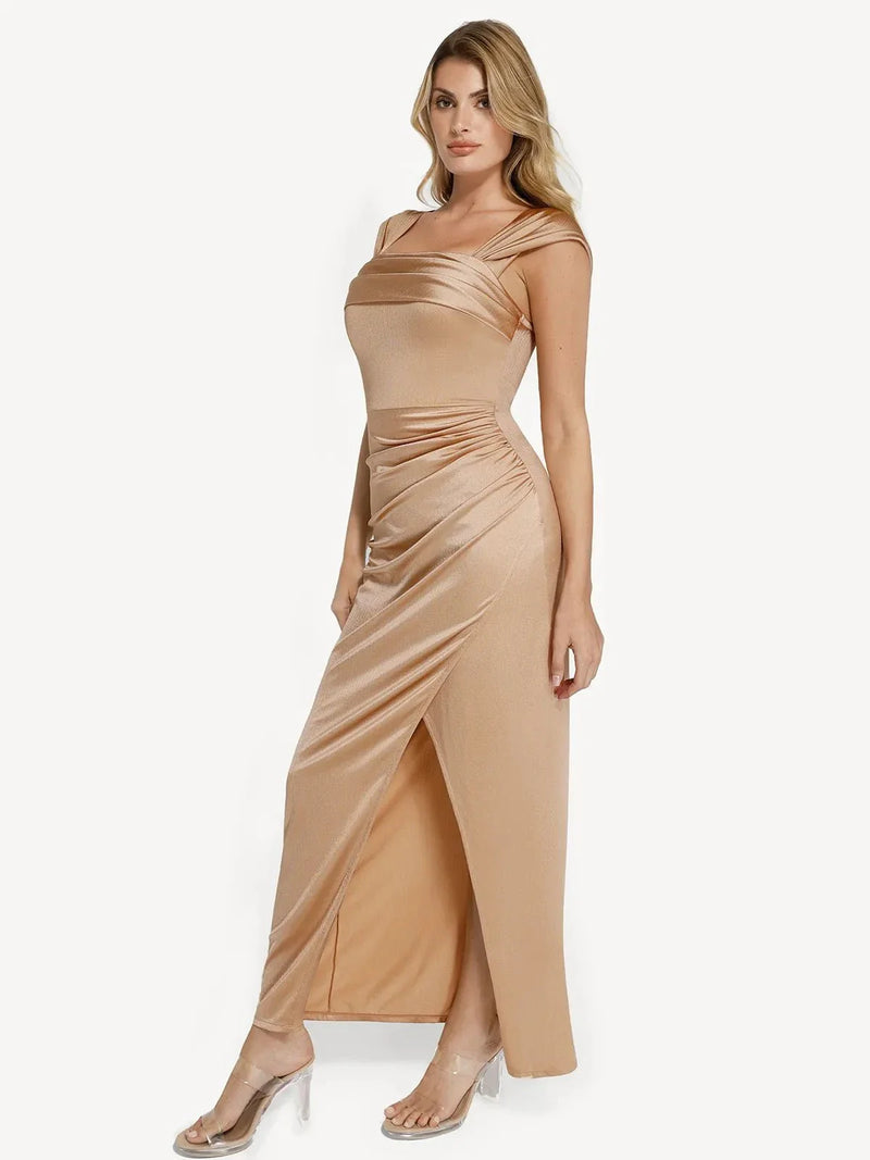 Shapewear Off Shoulder Shine Ruched Sculpting Maxi Dress