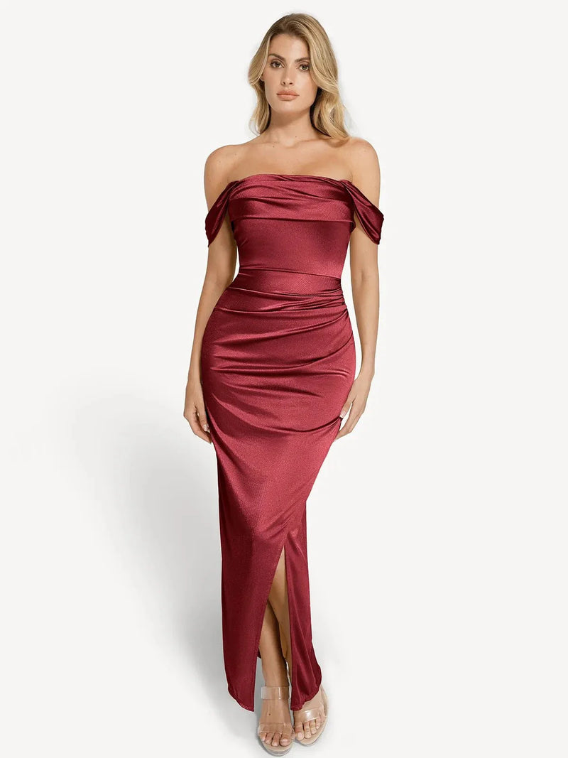 Shapewear Off Shoulder Shine Ruched Sculpting Maxi Dress