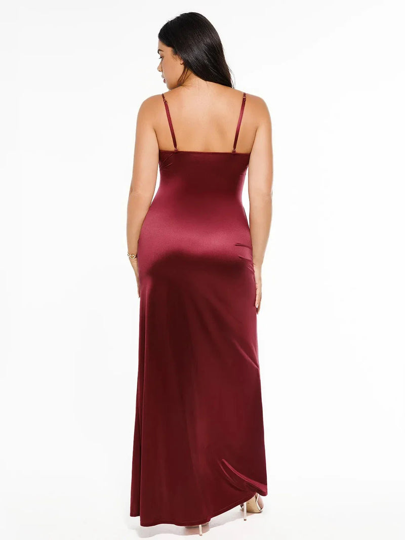 Shapewear Satin Deep-V Front Slit Maxi Dress