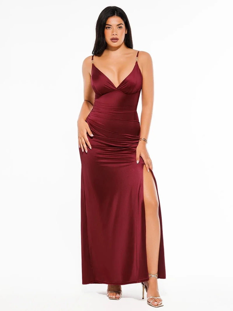 Shapewear Satin Deep-V Front Slit Maxi Dress