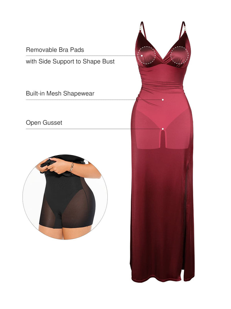 Shapewear Satin Deep-V Front Slit Maxi Dress