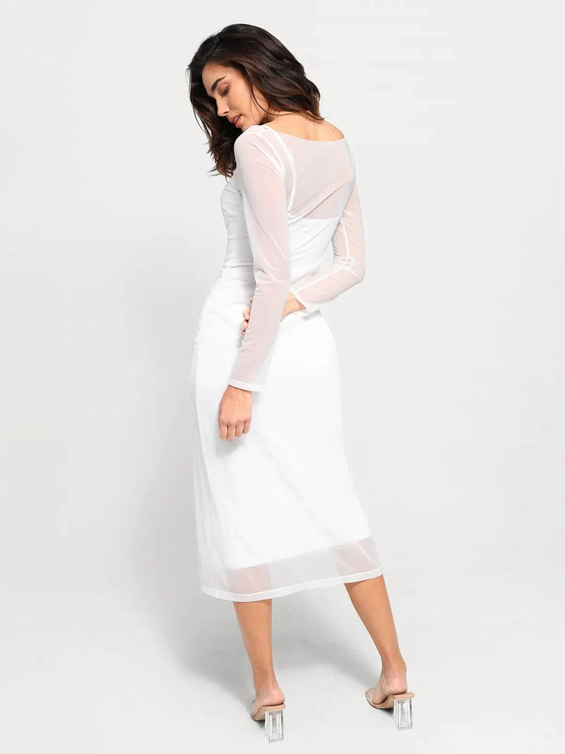 Shapewear Slimming Midi Dress and Sheer Mesh Overlay Set