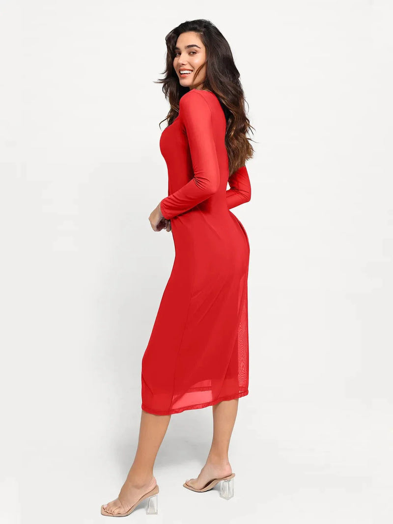 Shapewear Slimming Midi Dress and Sheer Mesh Overlay Set
