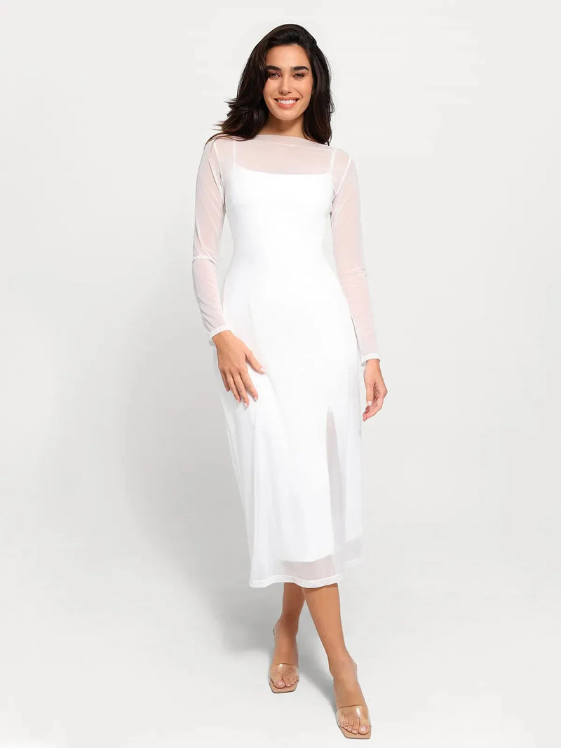 Shapewear Slimming Midi Dress and Sheer Mesh Overlay Set