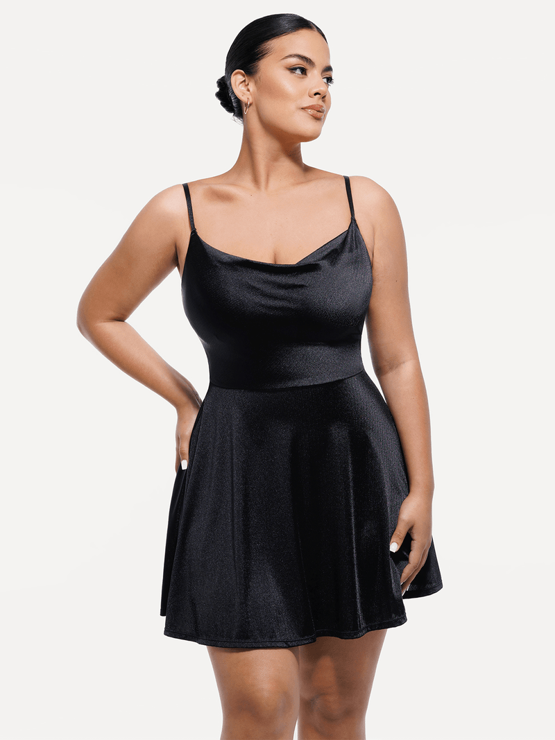 Shapewear Strappy Cowl Neck Tummy Control Flare Dress