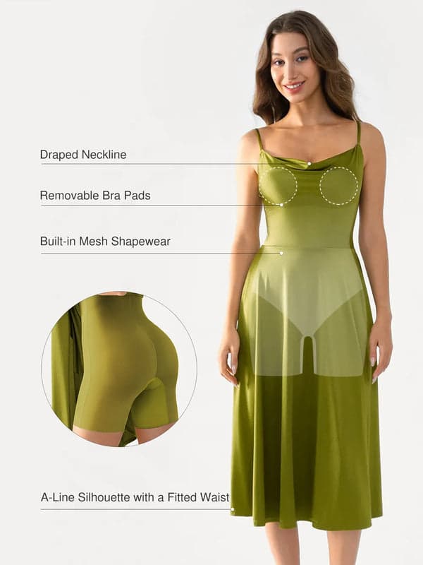 Shapewear Strappy Cowl Neck Tummy Control Flare Dress