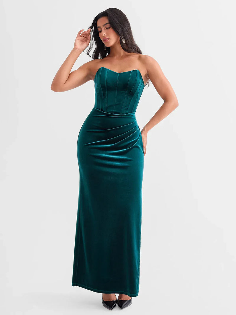 Strapless Velvet Ruched Sculpting Corset Gown