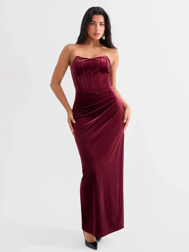 Strapless Velvet Ruched Sculpting Corset Gown