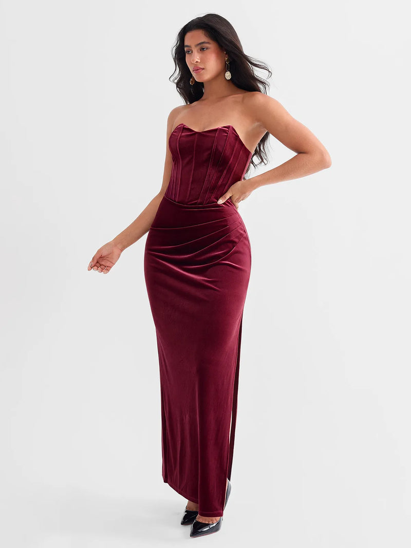 Strapless Velvet Ruched Sculpting Corset Gown