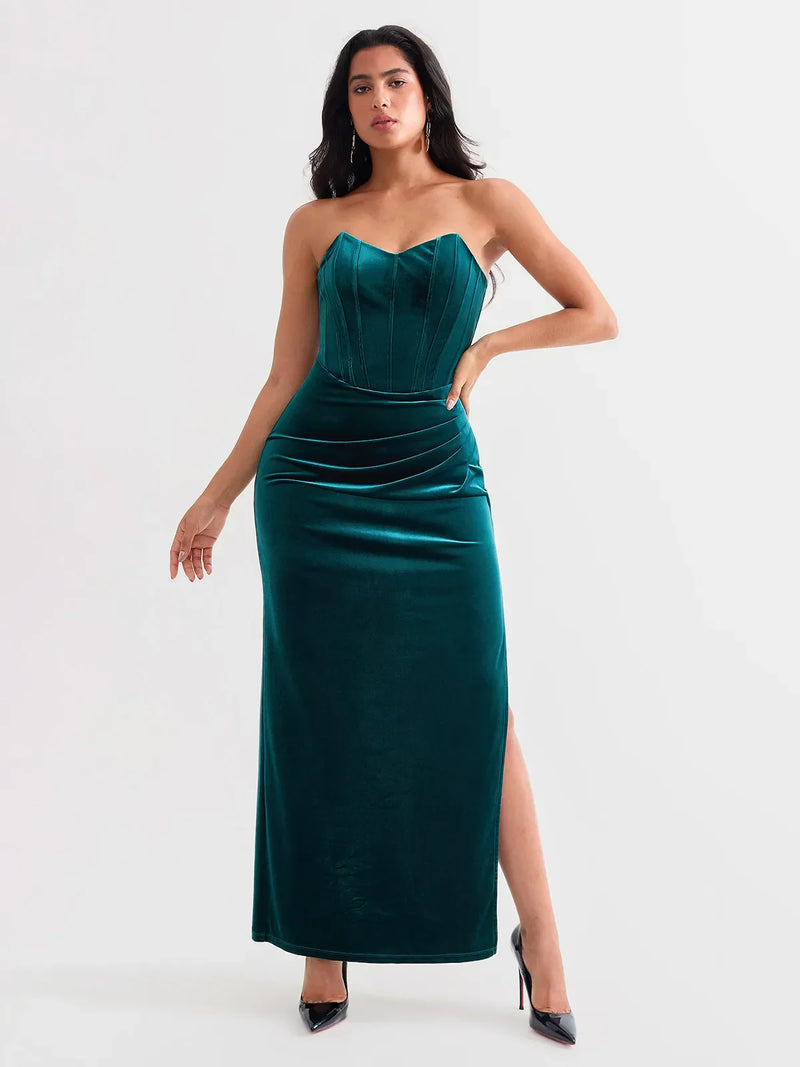 Strapless Velvet Ruched Sculpting Corset Gown