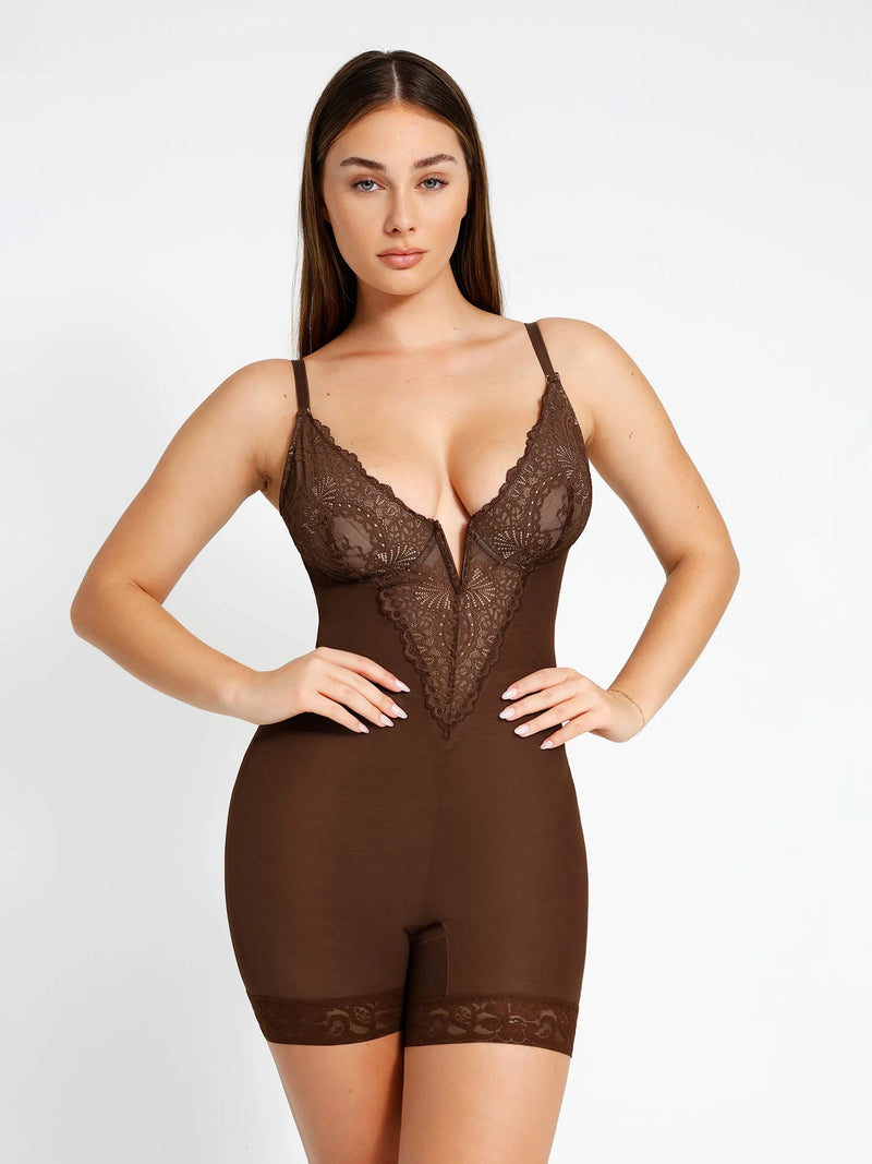 Shapewear Lace Deep V-Neck Sculpting Mid-Thigh Bodysuit